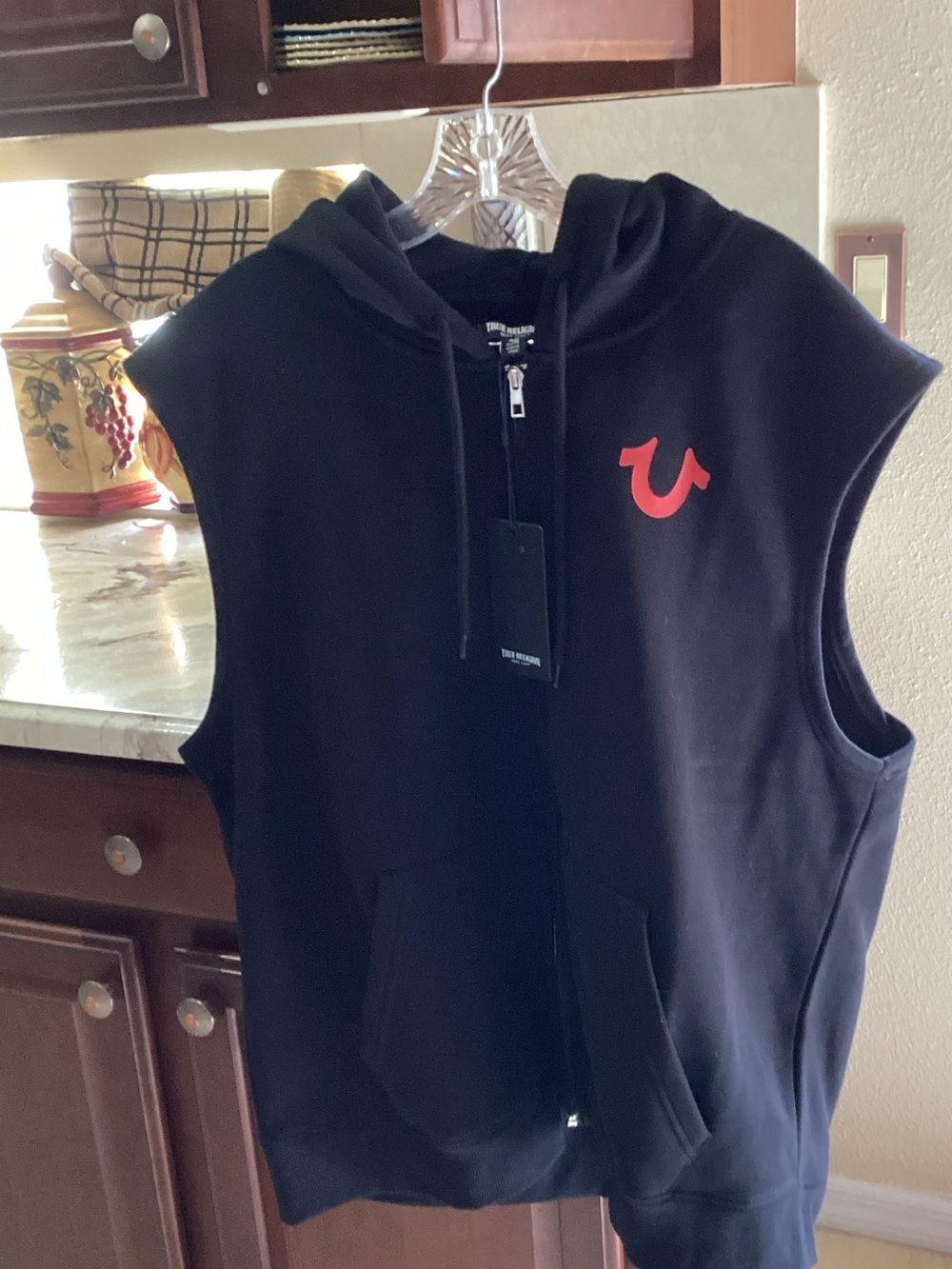 True Religion Men’s Black Sleeveless Zip-Up Hoodie with Red Logo
